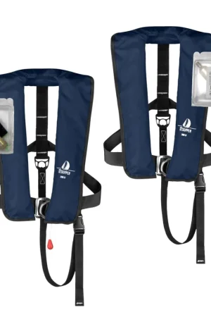 Lot de 2 : 12skipper gilet de sauvetage automatique 300N ISO avec harnais - bleu marine, inclus 2 kits de réarmement Affaire À Saisir