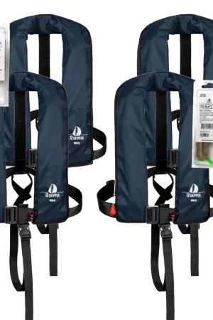 Prix Choc Lot de 4 : 12skipper gilet de sauvetage automatique 165N ISO avec harnais - bleu marine, inclus 4 kits de réarmement